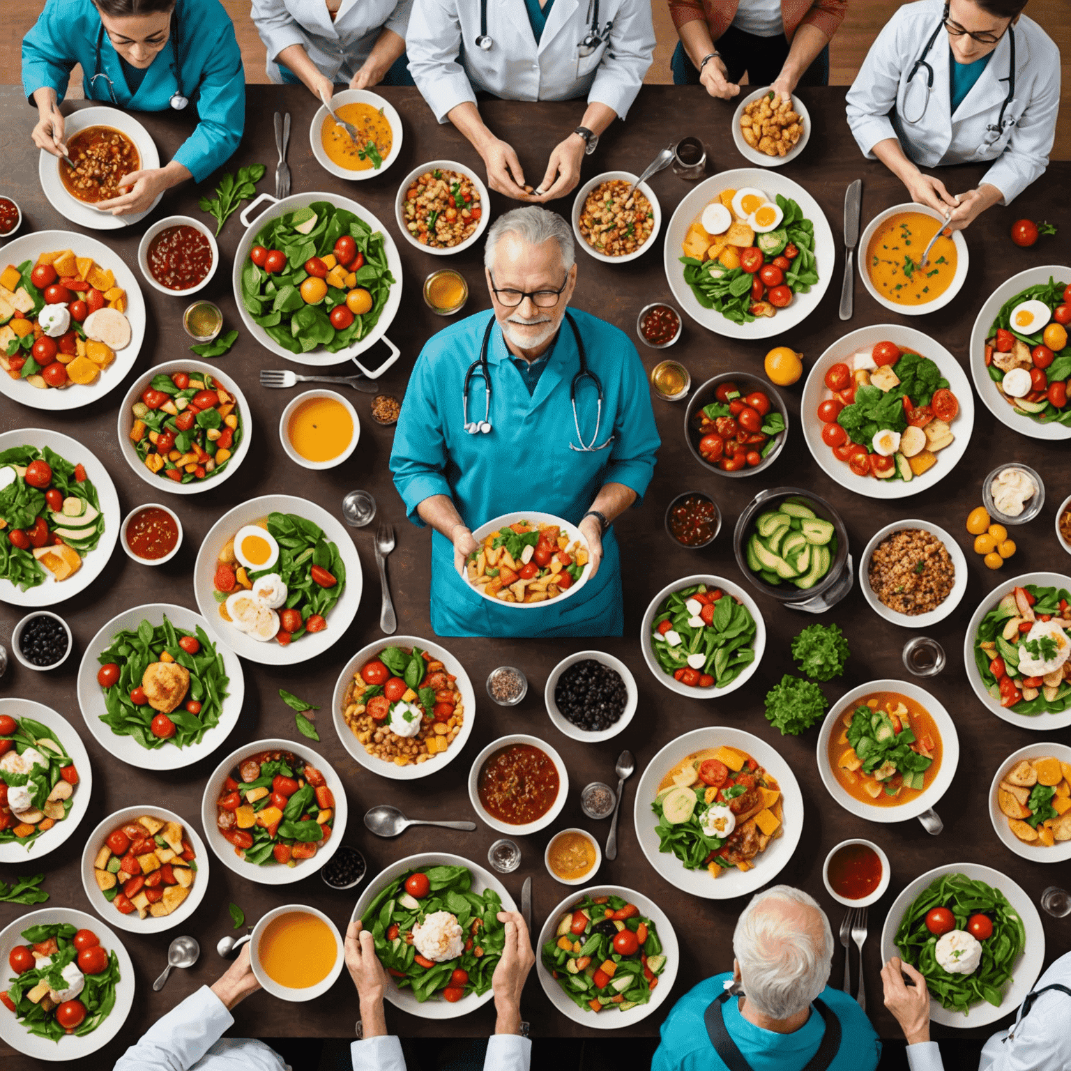 A collage of healthy meals and medical professionals, showcasing diabetic-friendly foods and doctors providing advice