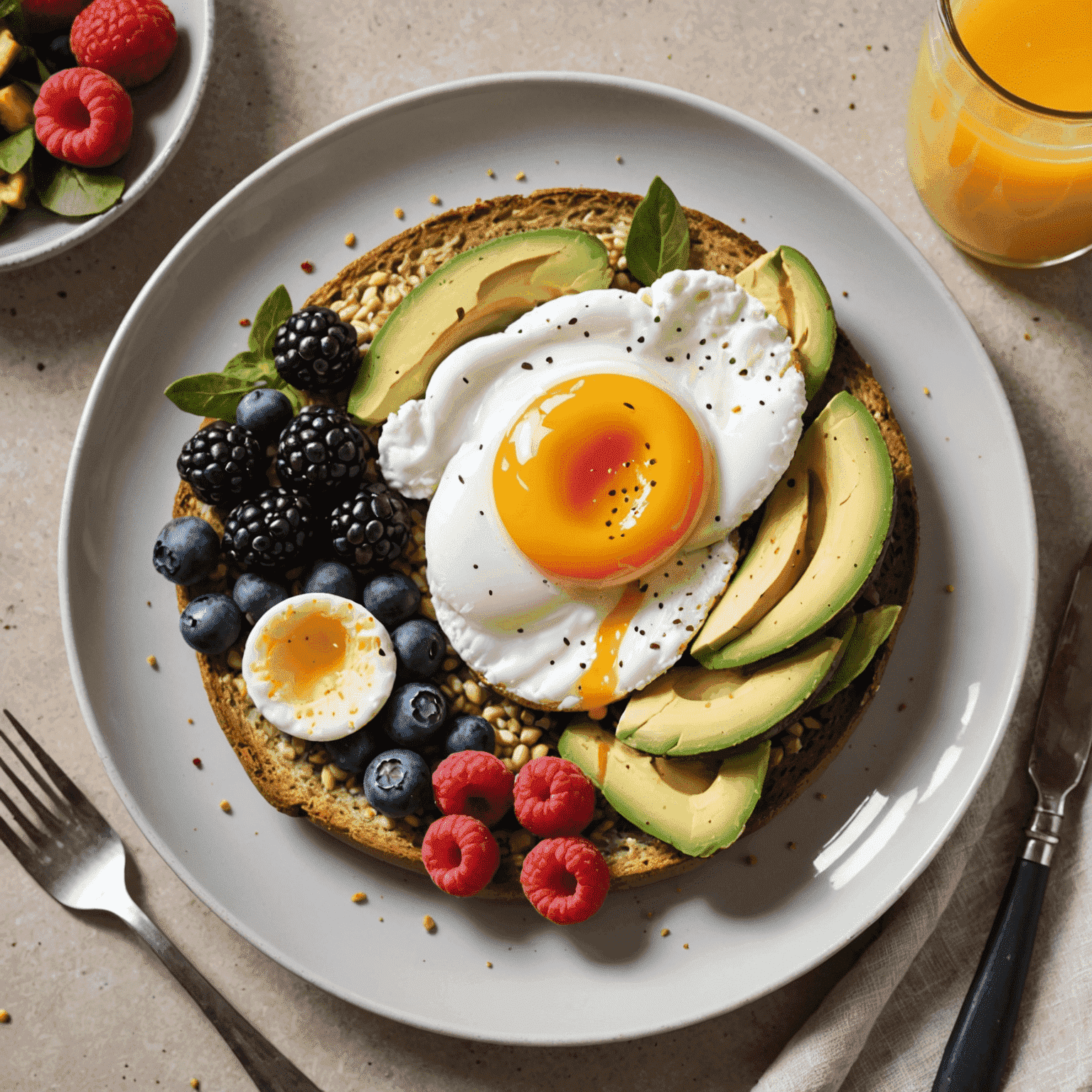 A colorful plate with a variety of healthy breakfast items including whole grain toast, avocado, berries, and a poached egg