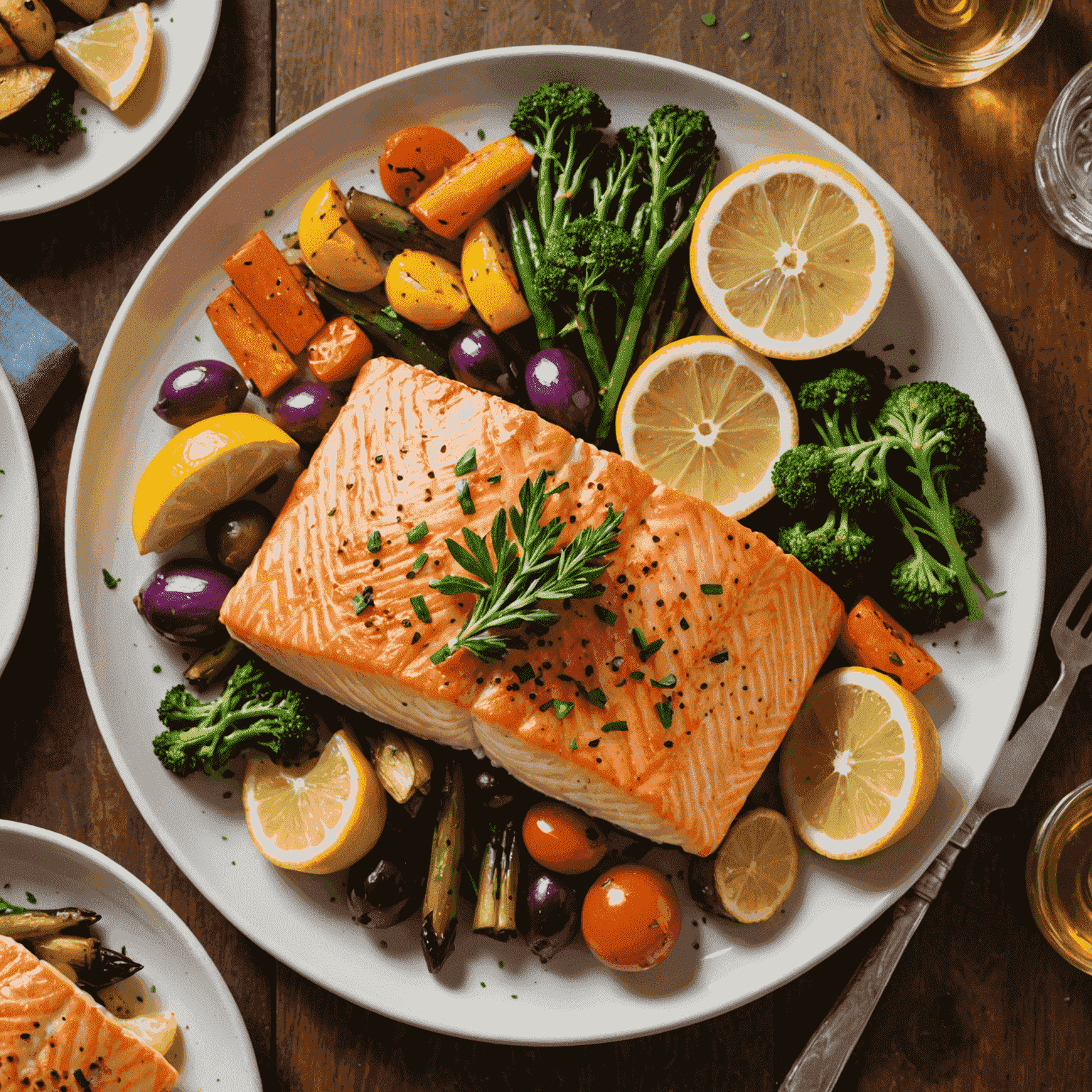 A plate with a perfectly grilled salmon fillet, surrounded by colorful roasted vegetables and a lemon wedge. The salmon has a golden crust and is garnished with fresh herbs.