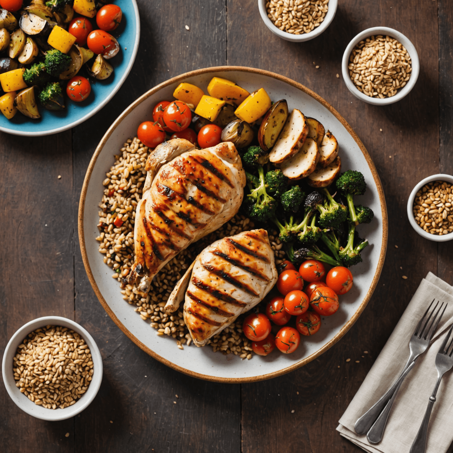 A colorful plate filled with a balanced diabetic-friendly meal including grilled chicken, roasted vegetables, and a small portion of whole grains