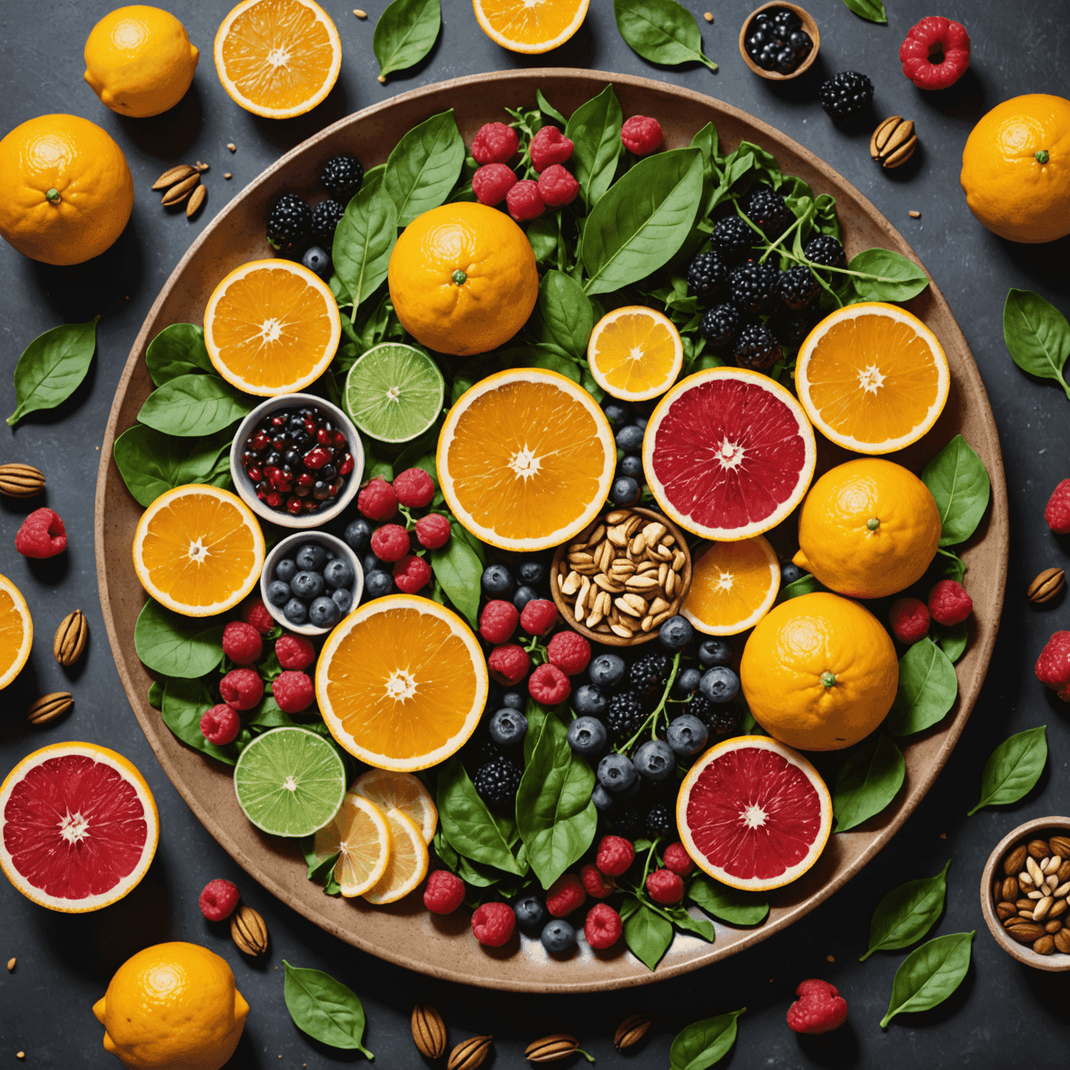 A colorful plate filled with immune-boosting foods such as citrus fruits, leafy greens, nuts, and berries