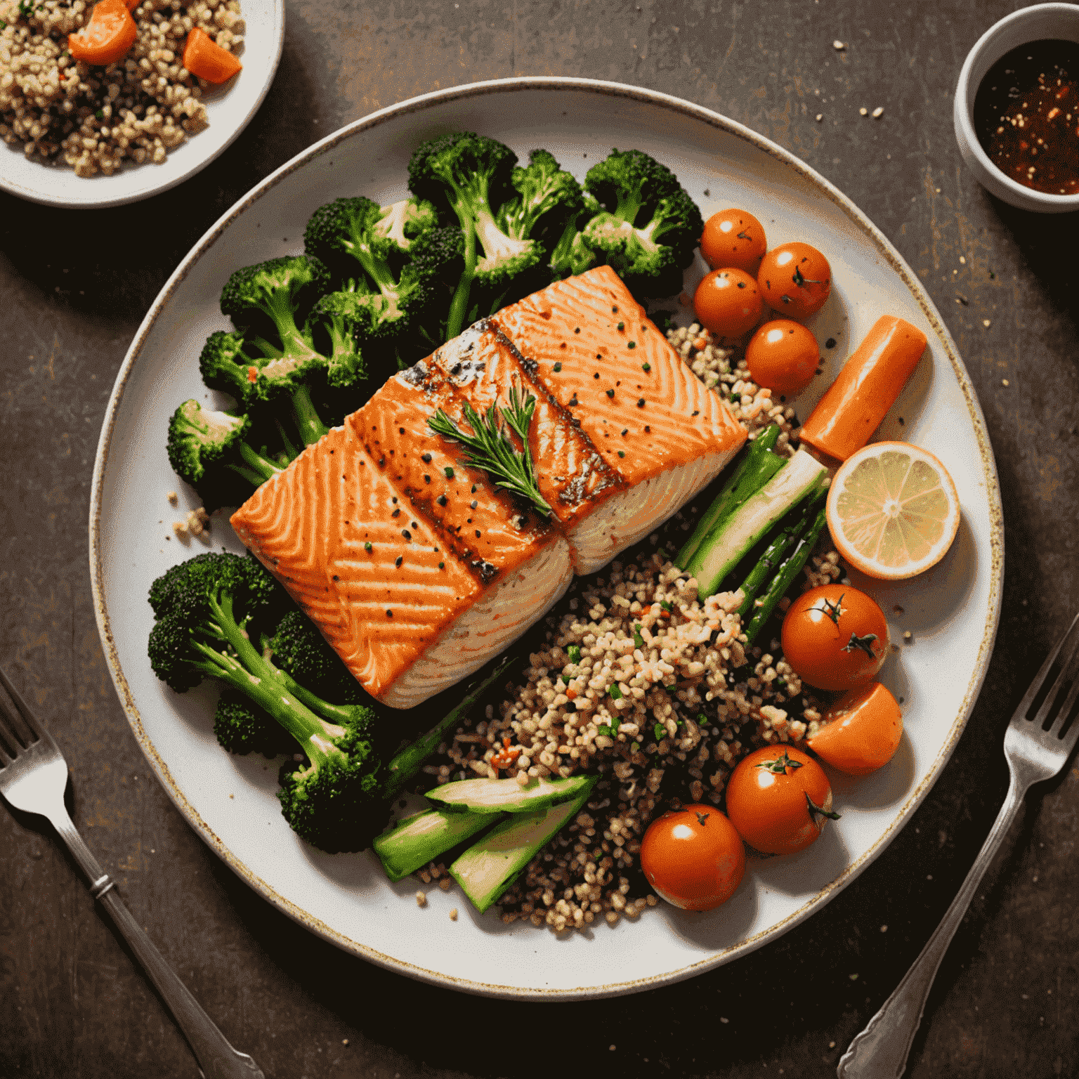 A plate with grilled salmon, quinoa, and steamed vegetables, representing a heart-healthy dinner