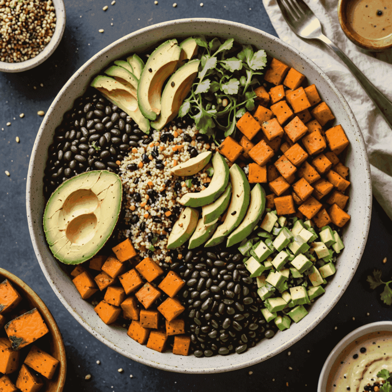 A colorful bowl filled with fluffy quinoa, black beans, roasted sweet potatoes, avocado slices, and a variety of fresh vegetables. The bowl is garnished with a sprinkle of seeds and a drizzle of tahini dressing.