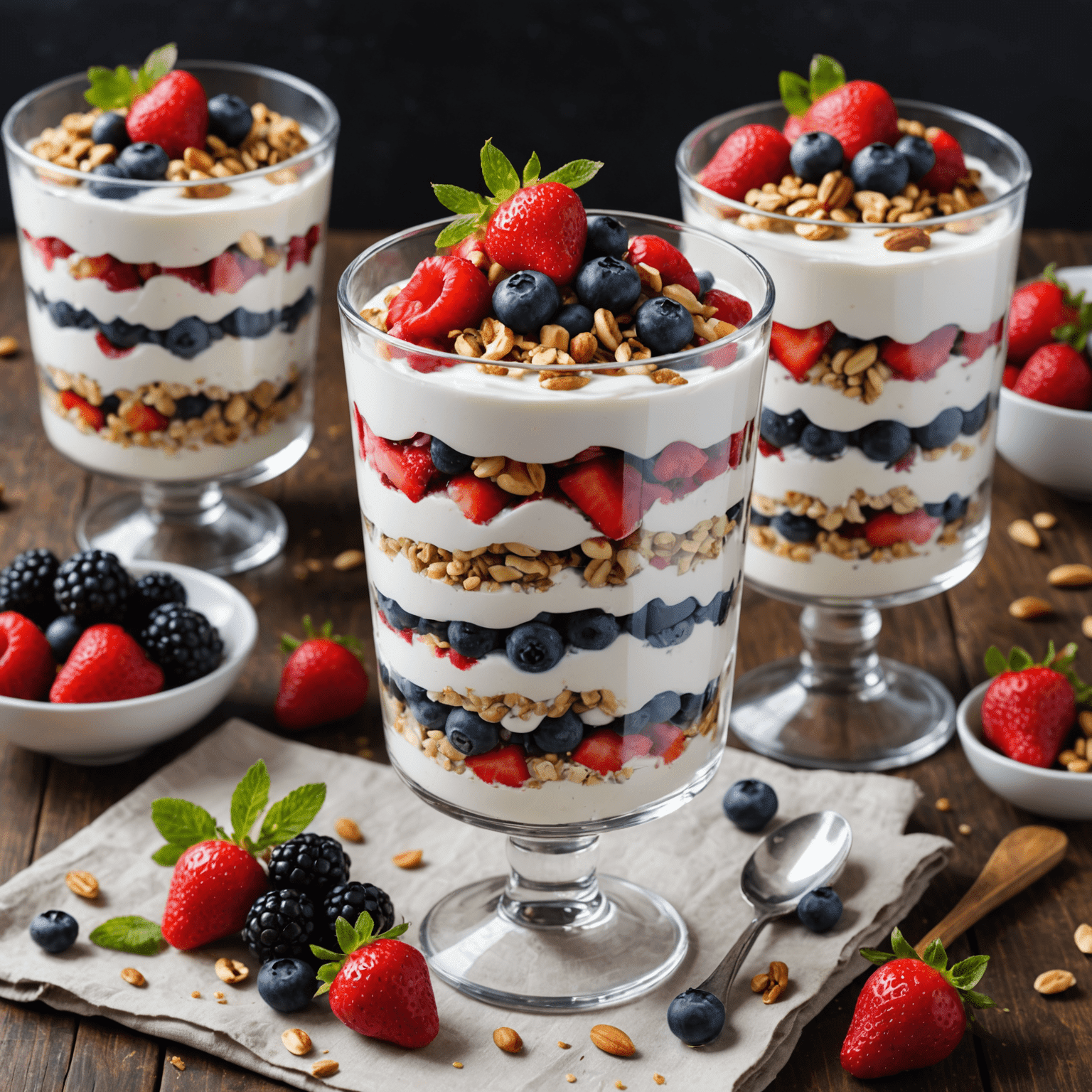 A beautifully arranged Greek yogurt parfait with layers of yogurt, fresh berries, and a sprinkle of chopped nuts