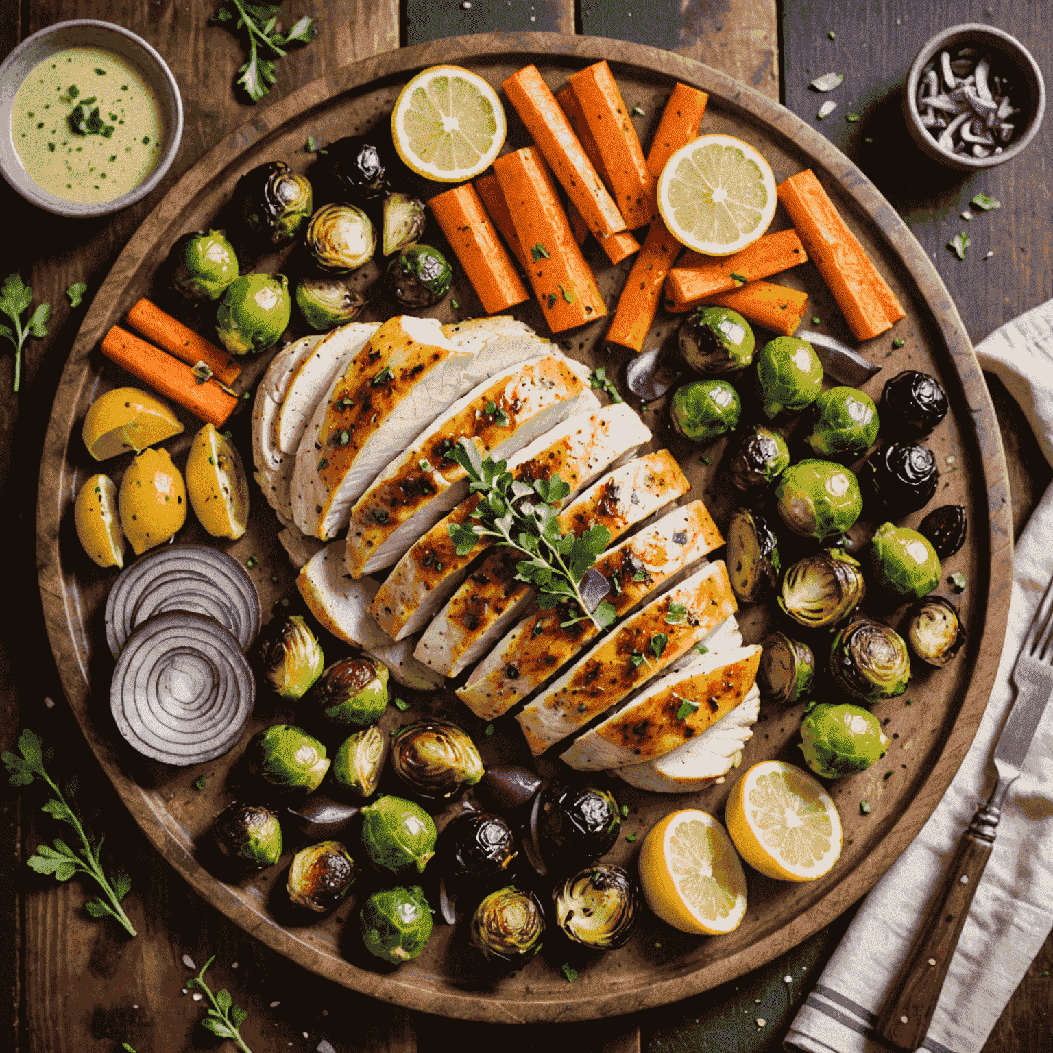 A rustic wooden board with sliced lemon herb chicken breast, surrounded by a colorful array of roasted vegetables like Brussels sprouts, carrots, and red onions. The dish is garnished with fresh herbs and lemon slices.