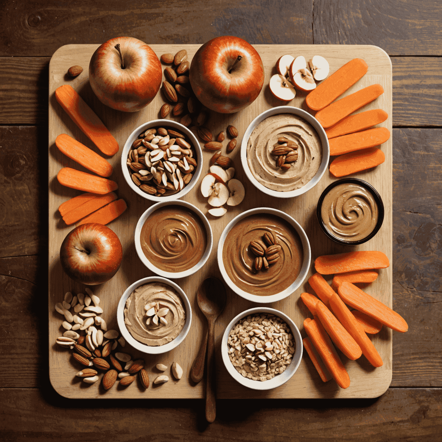 A variety of diabetic-friendly snacks arranged on a wooden board, including apple slices, almond butter, hummus, carrot sticks, and a small portion of mixed nuts